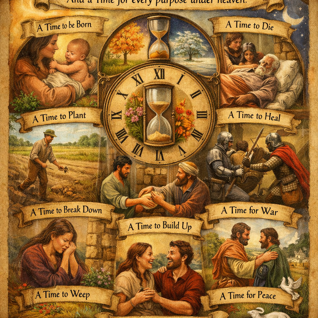 Clock with hourglass and scenes illustrating times to be born, die, heal, plant, break down, build up, war, peace, and weep