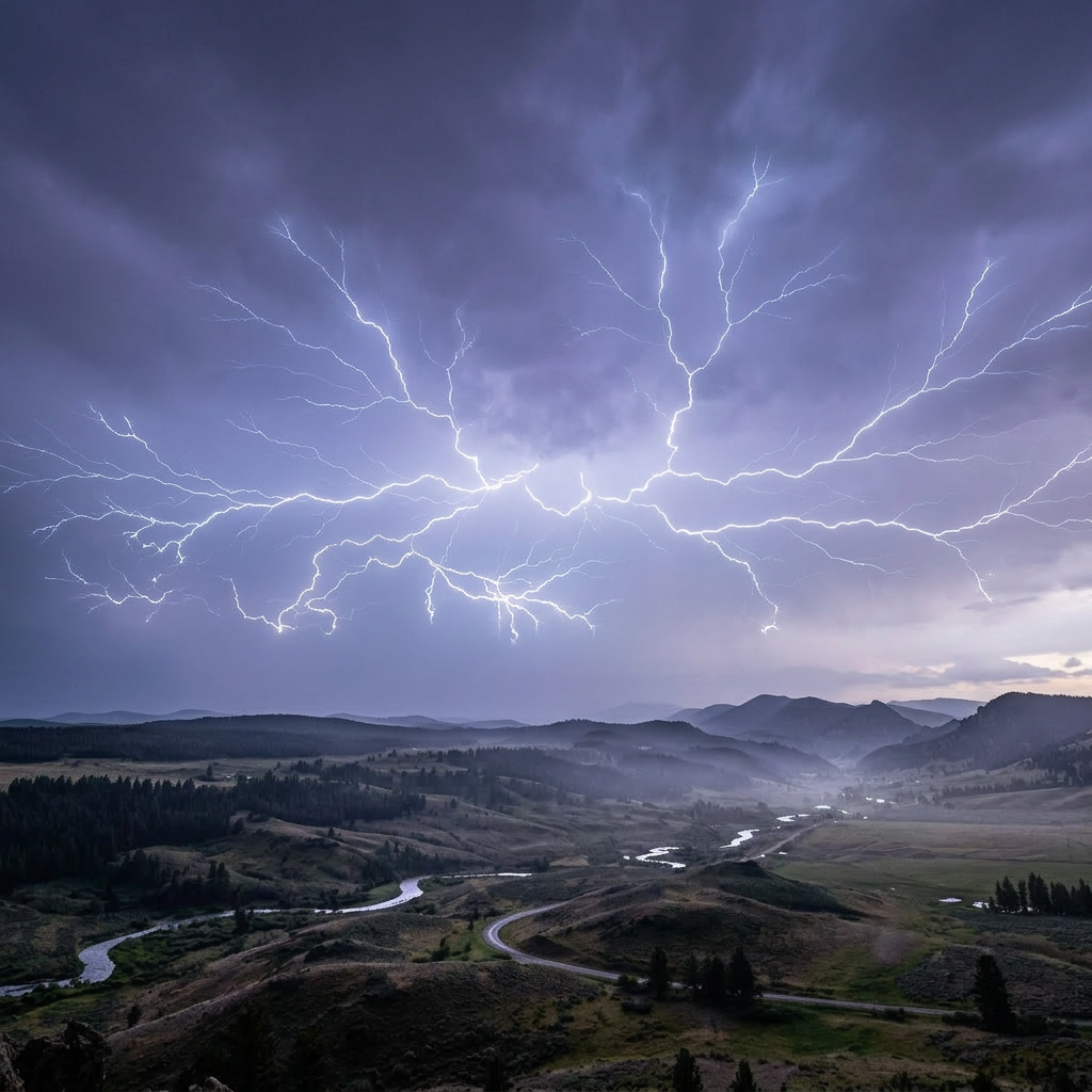 Bright multiple lightning bolts spreading horizontally across dark storm clouds over a valley with river and hills
