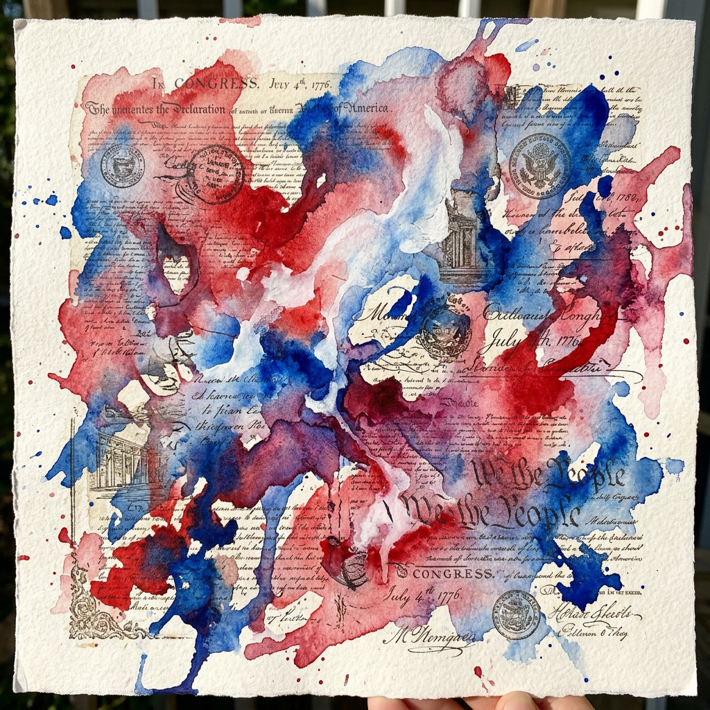 Watercolor painting with red, white, and blue splashes overlaid on historic American document text.