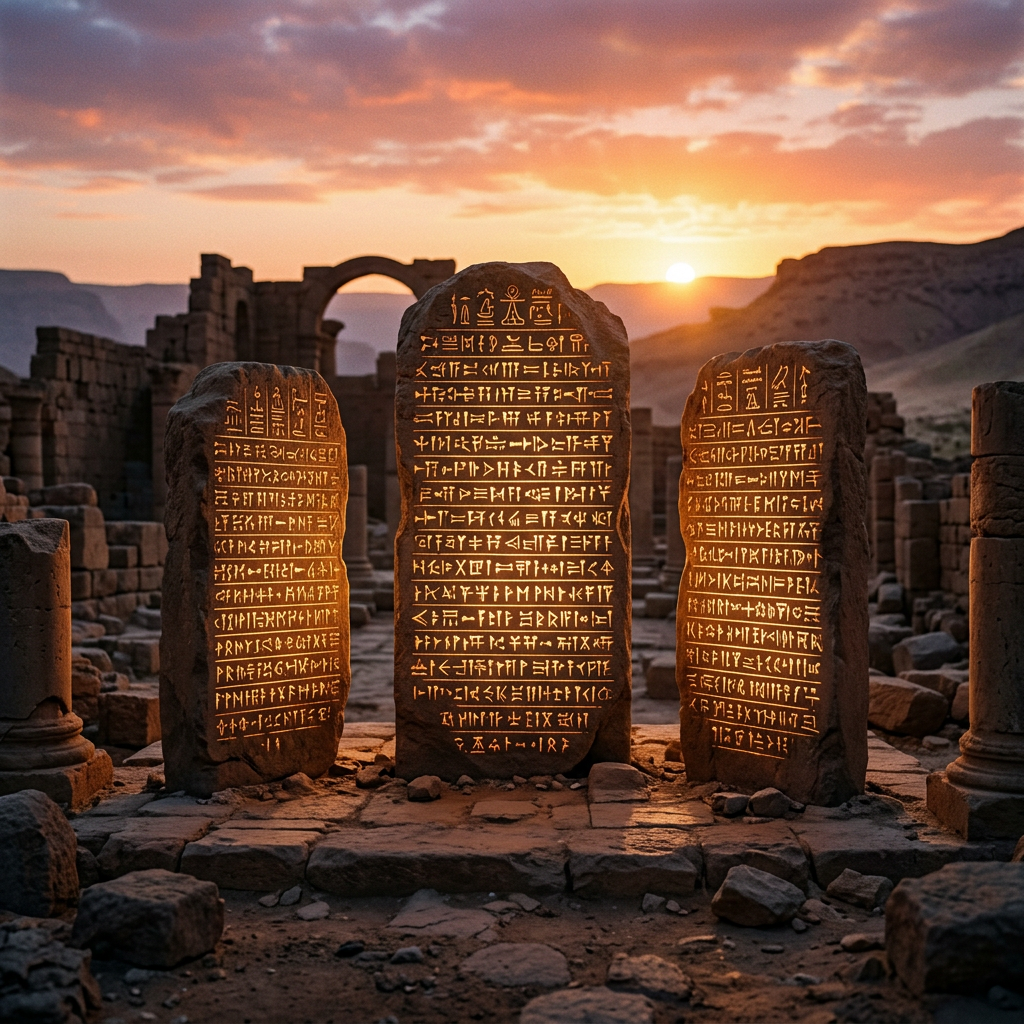 Three stone tablets with glowing ancient inscriptions standing in ruins at sunset