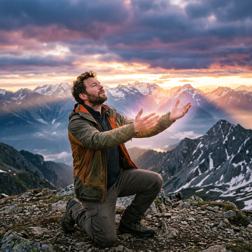 Man kneeling on rocky mountain with arms open at sunrise