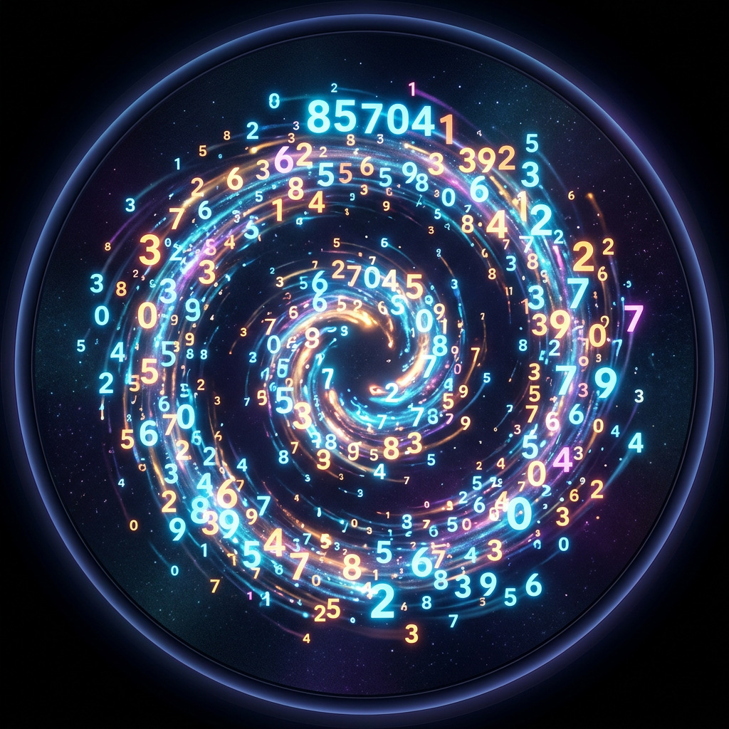 Spiral galaxy made of colorful glowing numbers in space