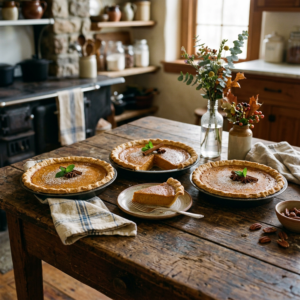 Three pumpkin pies on a wooden table with one slice served on a plate beside autumn decorations