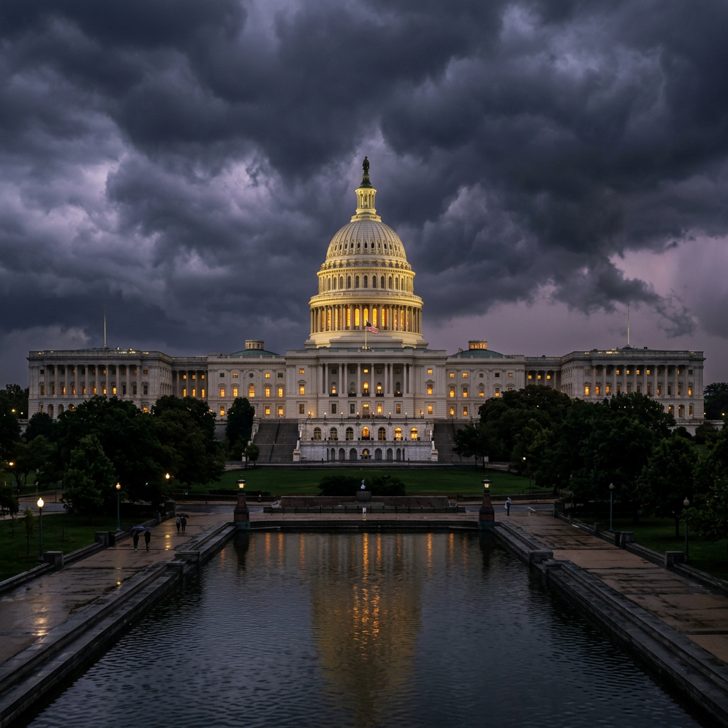 US Capitol building lit up under dark, stormy clouds with reflections in the water