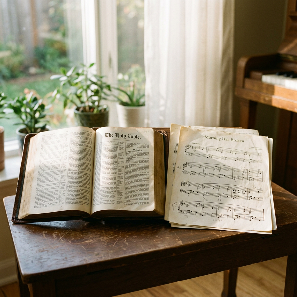 Open Holy Bible showing Psalm 25 next to sheet music titled Morning Has Broken on wooden table