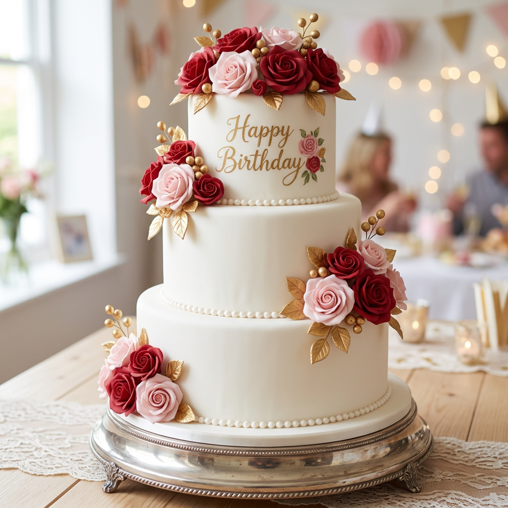 Three-tier white birthday cake decorated with red and pink roses and gold leaves, with 'Happy Birthday' written on the middle tier.