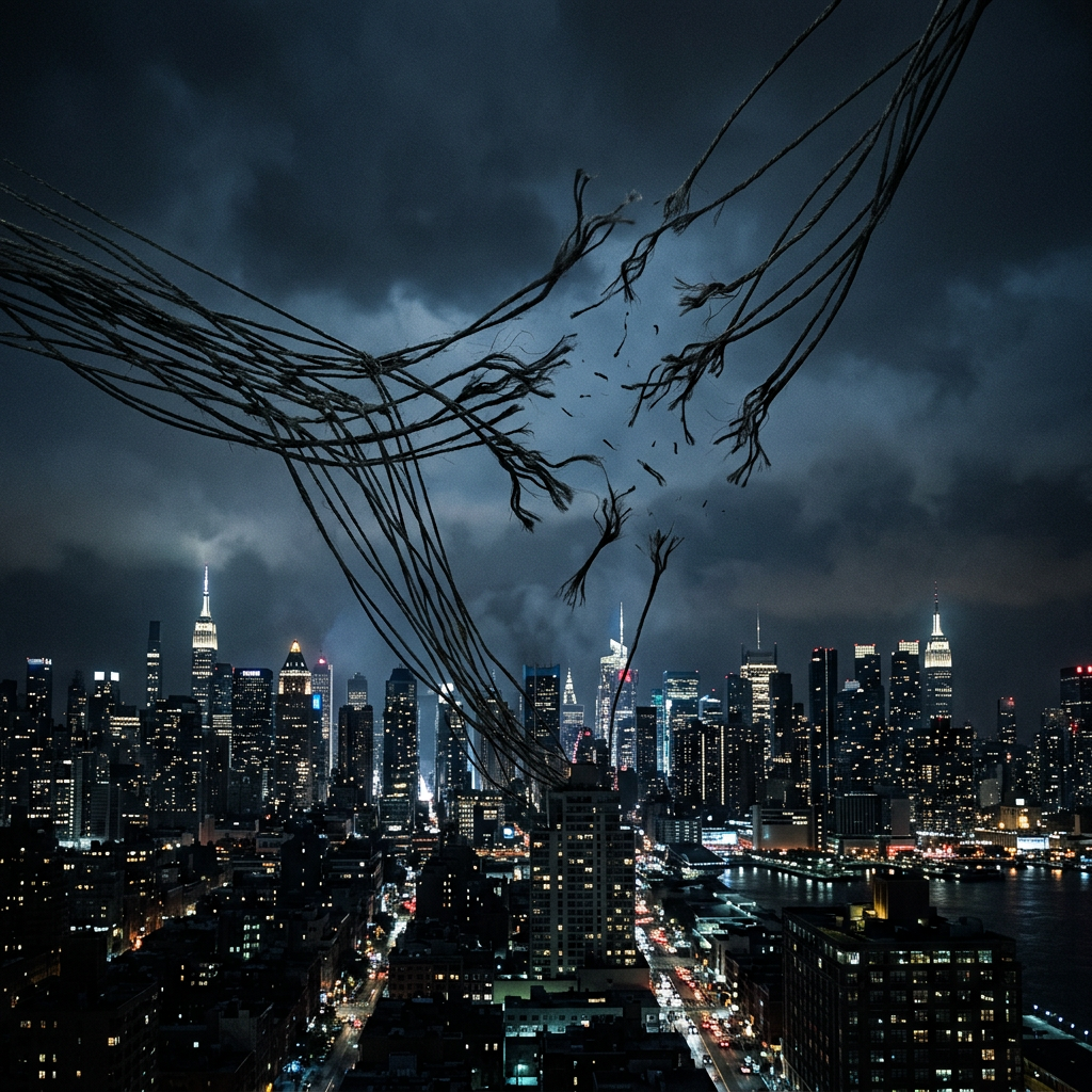 Frayed electrical cables suspended over illuminated city skyline at night